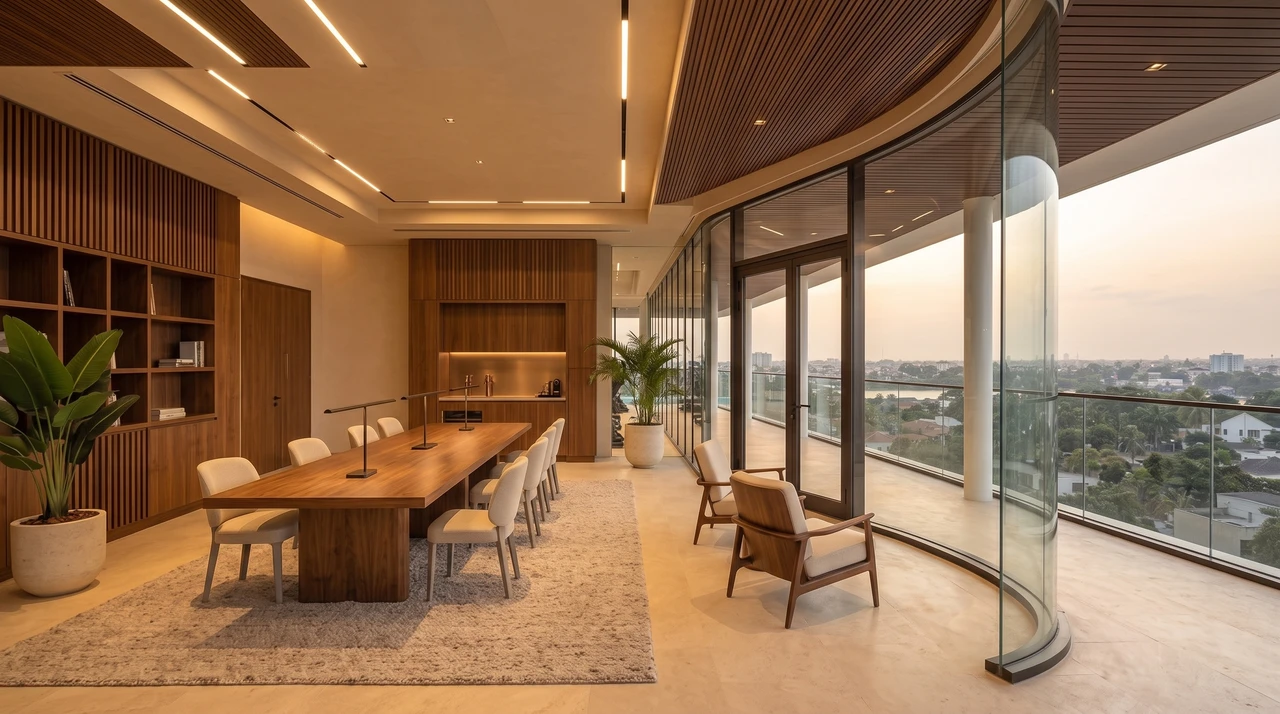 The coworking room, a long timber table beneath a curved ceiling with glazing wrapping one corner