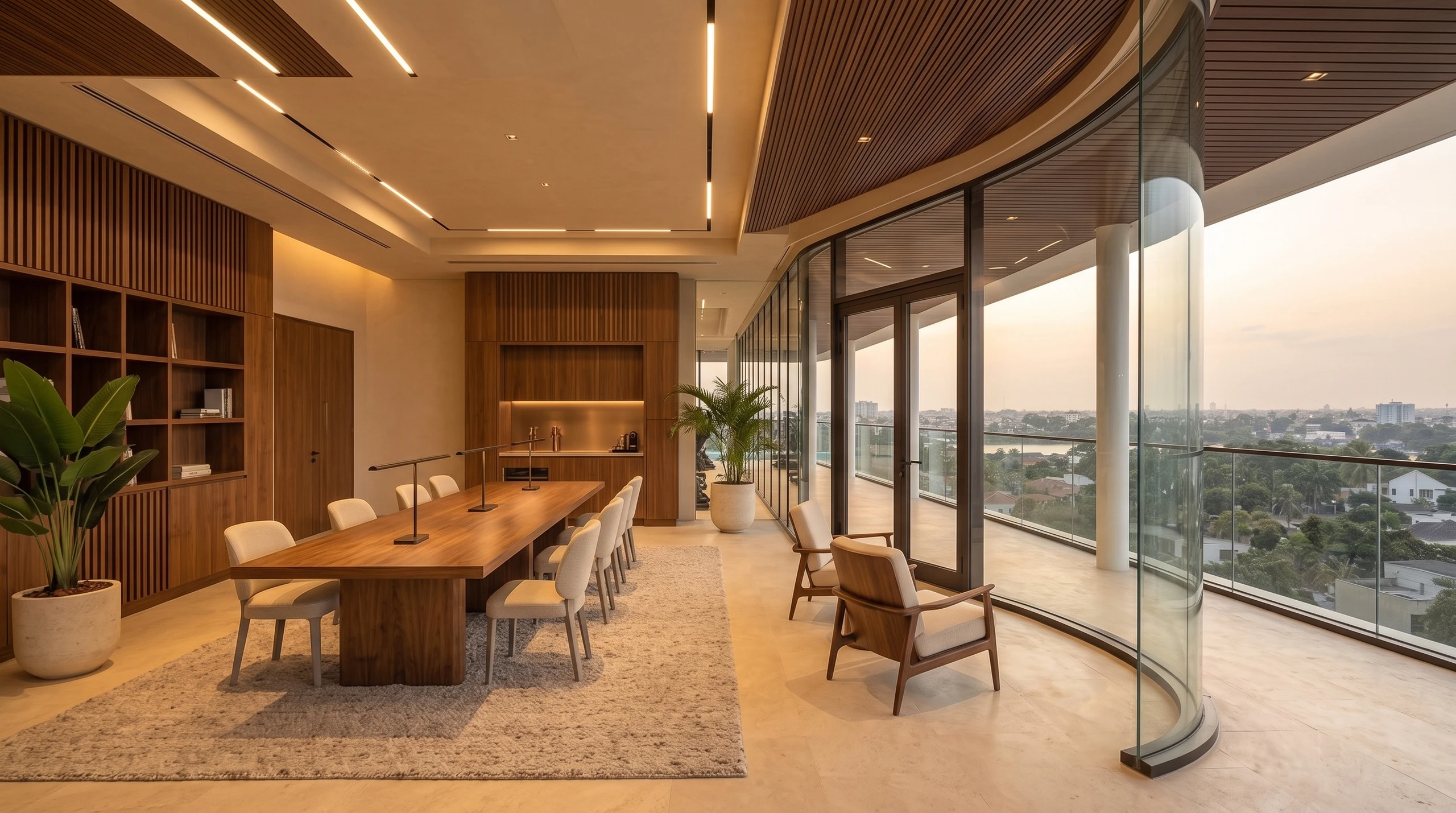 The coworking room, a long timber table beneath a curved ceiling with glazing wrapping one corner