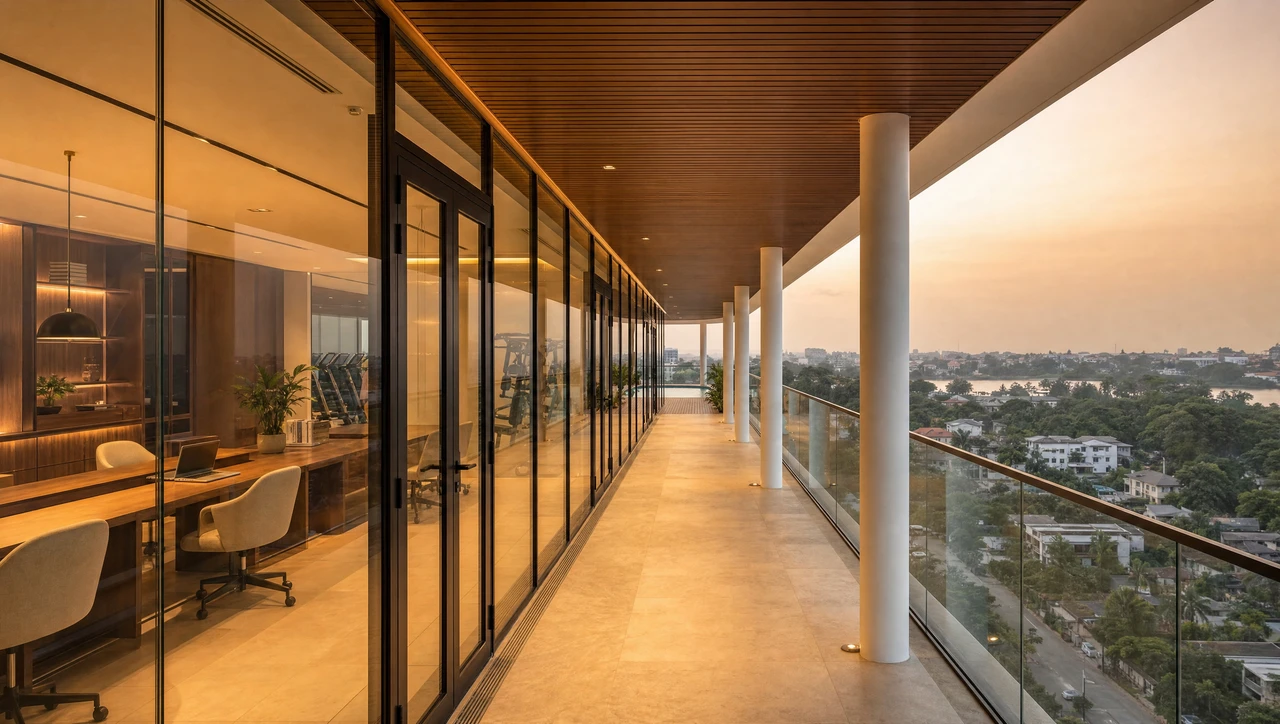 The east walkway, a glazed colonnade running the length of the floor with the city on one side