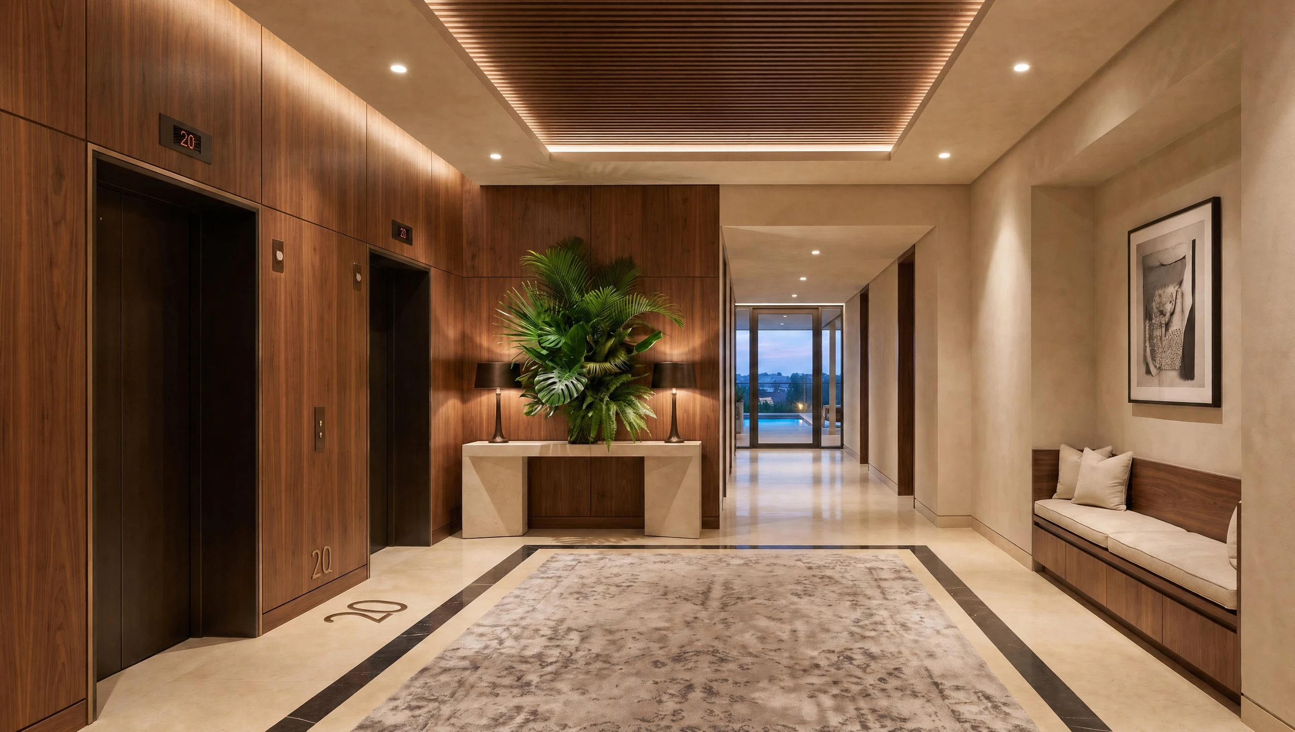 The Level 20 lift lobby, timber lift doors and a stone console beneath a slatted ceiling, the corridor beyond leading to daylight