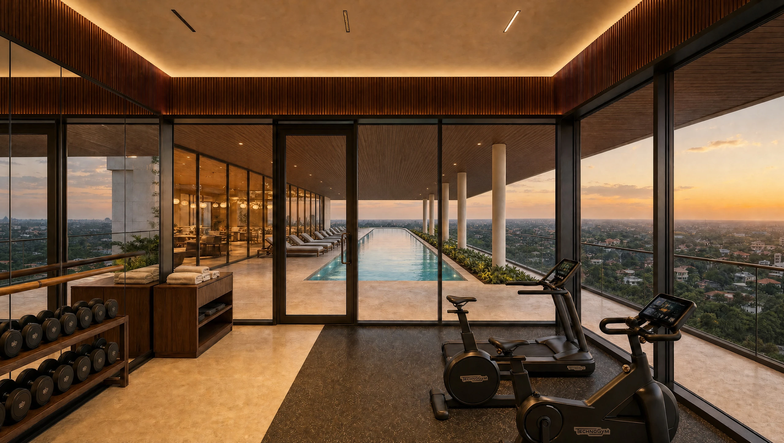 The gym, equipment set against full-height glass with the lap pool visible through it