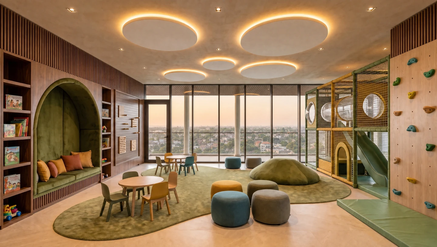 The children's room, a reading nook and low seating beneath circular ceiling lights, a climbing wall and slide beyond