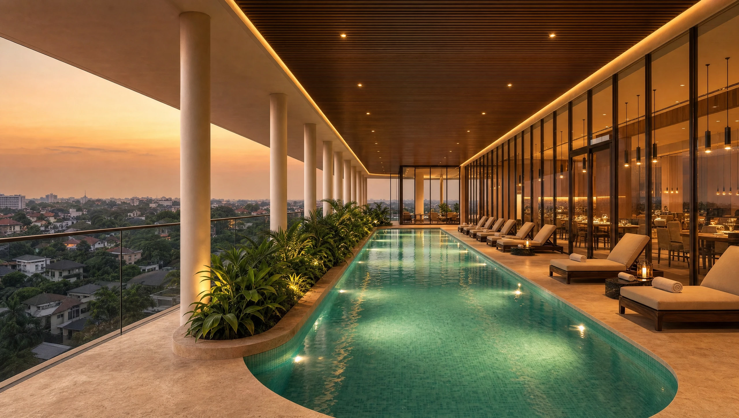 The lap pool at dusk, planting and loungers along a colonnade, the city horizon beyond