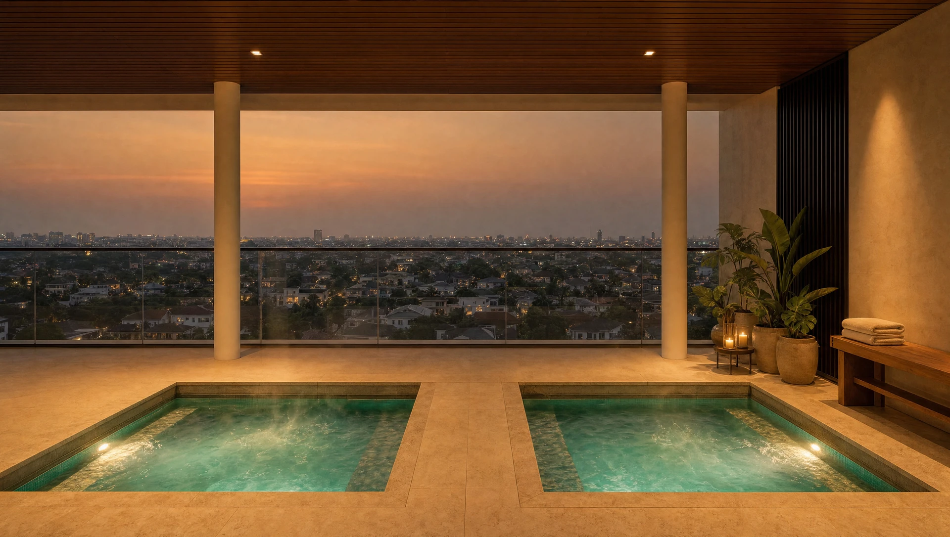 The spa deck at dusk, two sunken pools set into stone between columns, the city laid out beyond