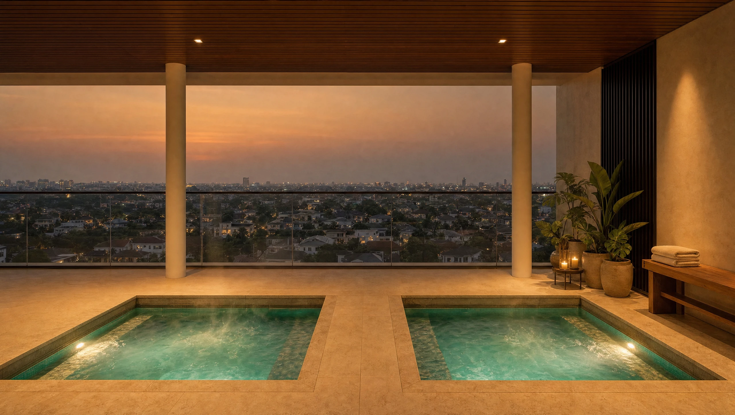 The spa deck at dusk, two sunken pools set into stone between columns, the city laid out beyond