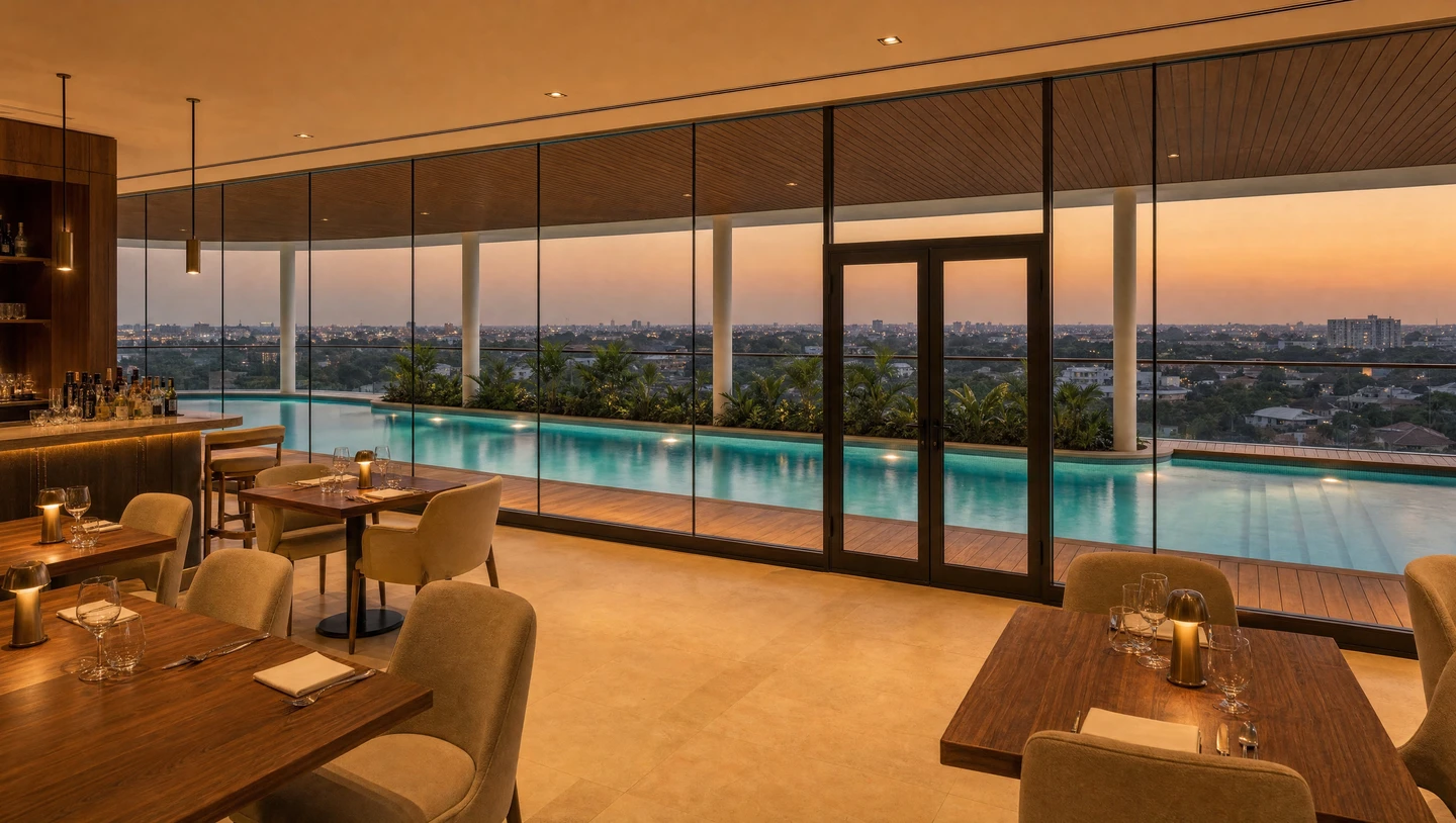 The dining room, tables set along full-height glass with the lap pool and the sunset beyond