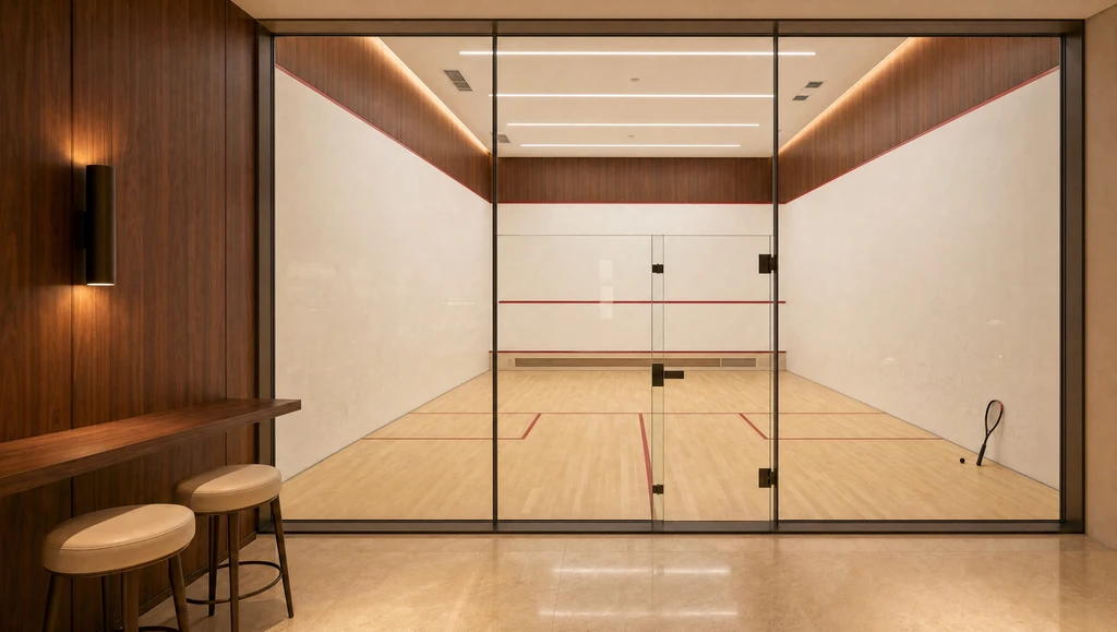 The squash court seen through its glass wall, stools set along a timber counter outside it