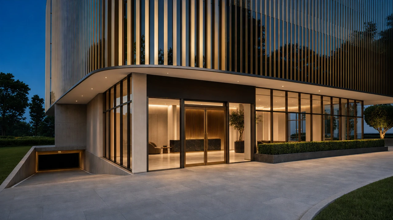 The entrance at dusk seen across the forecourt, a curved canopy over full-height glazing with the tower's vertical fins above