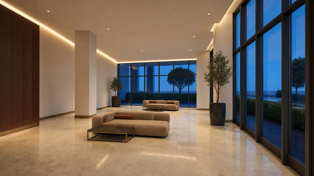 The glazed front bay, seating set against full-height glass with the grounds beyond