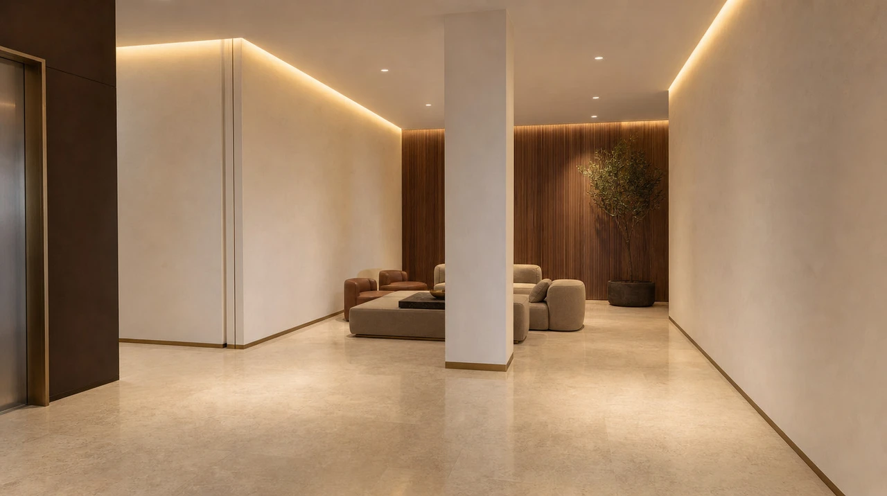 The front reception lounge seen past a column from the lift lobby