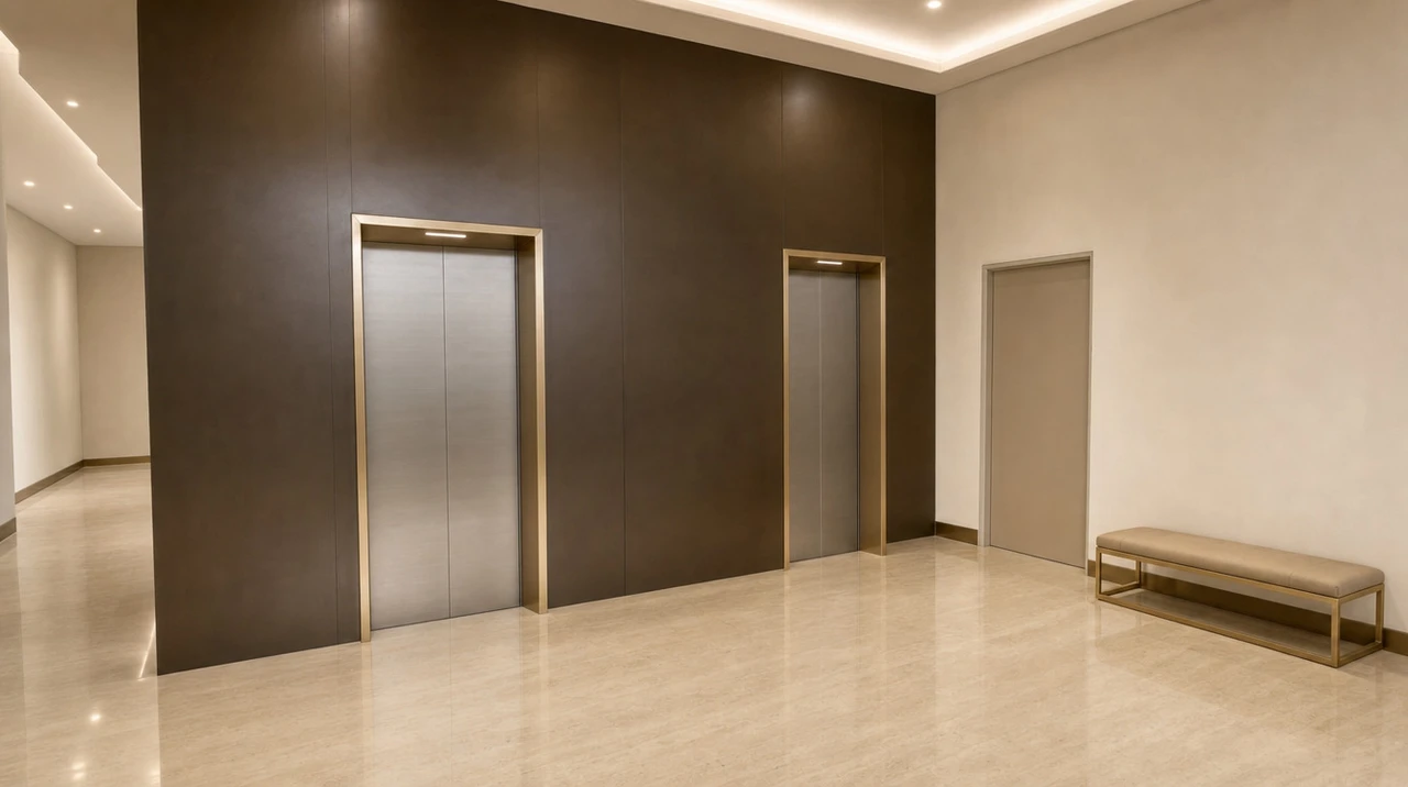 The rear lift lobby, two lifts in a dark stone wall with a bench alongside