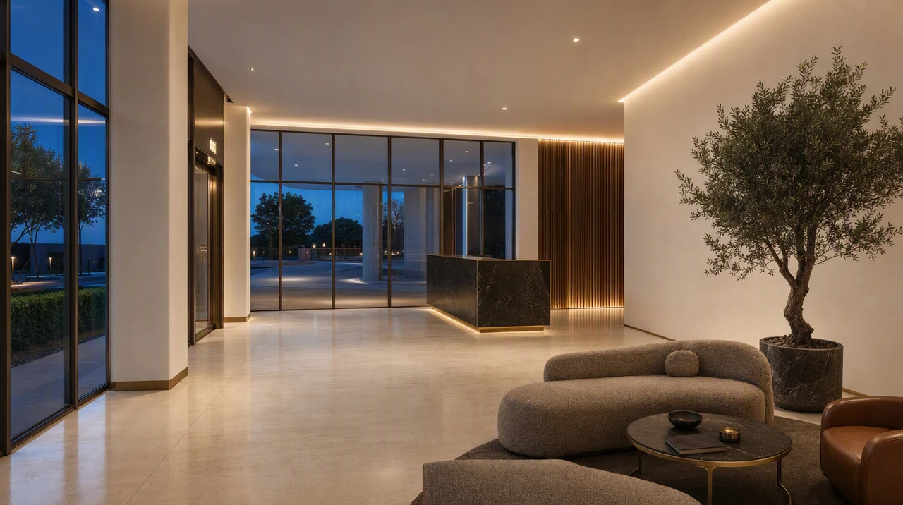 The lobby desk seen from the front bay, with the glazed entrance beyond