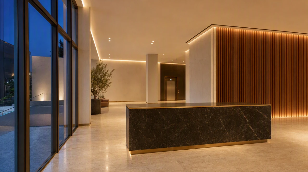 Inside the lobby, full-height glass along one side and the stone desk ahead