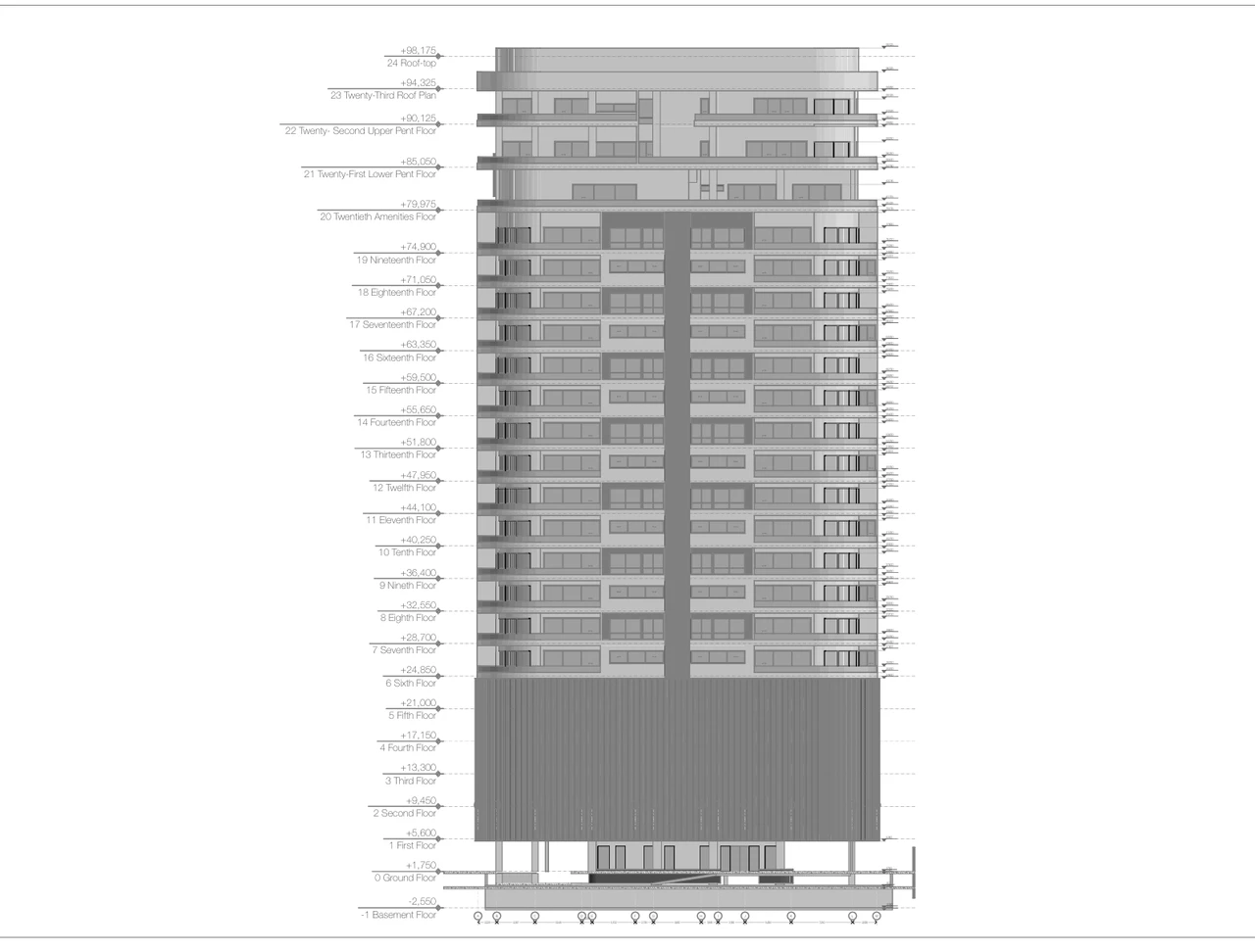 The architectural elevation of The LVI Bourdillon, drawn