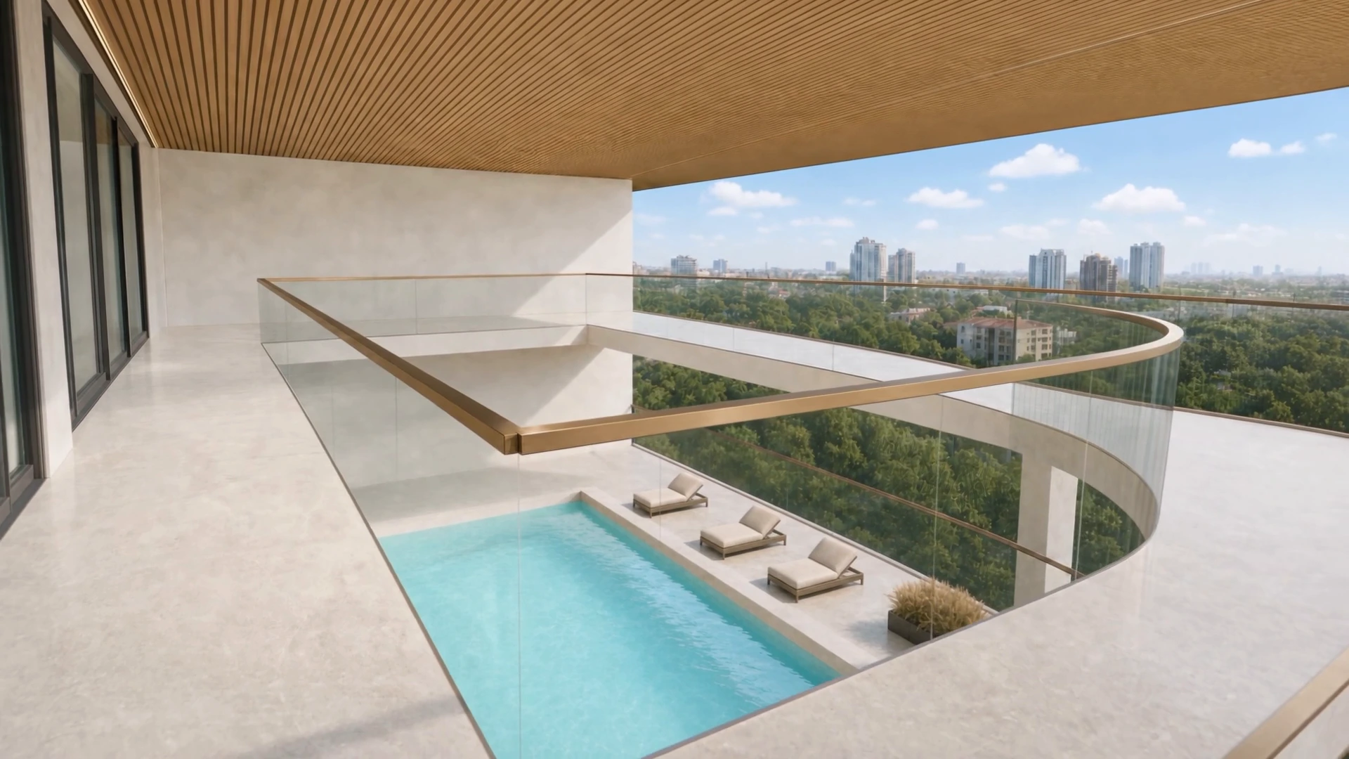 A terrace pool seen from outside, the treetops beyond