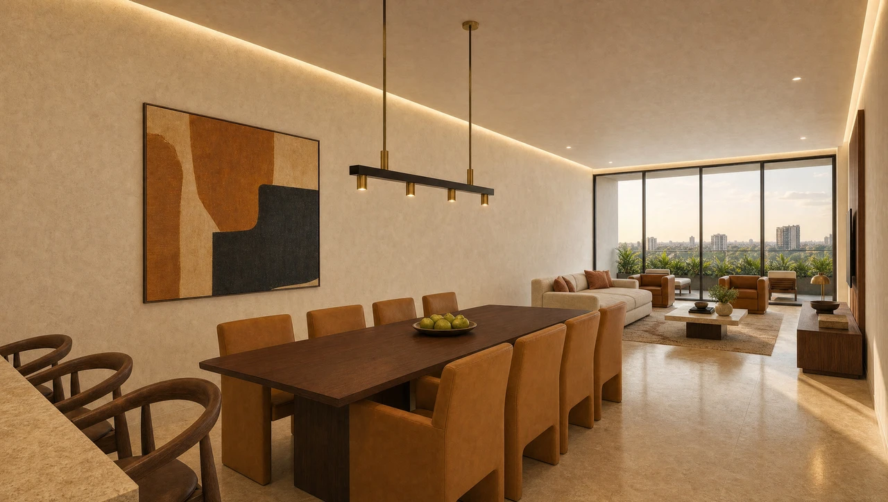 The dining table under a linear pendant, with the lounge and the terrace beyond