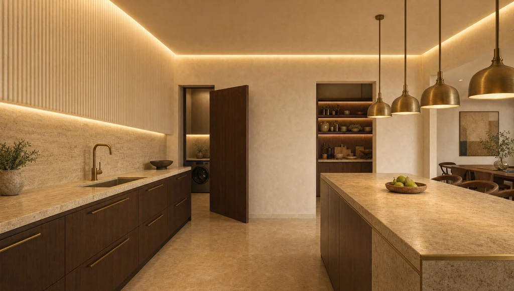 The kitchen seen from the island, a run of cabinetry along one wall and a pantry opening ahead
