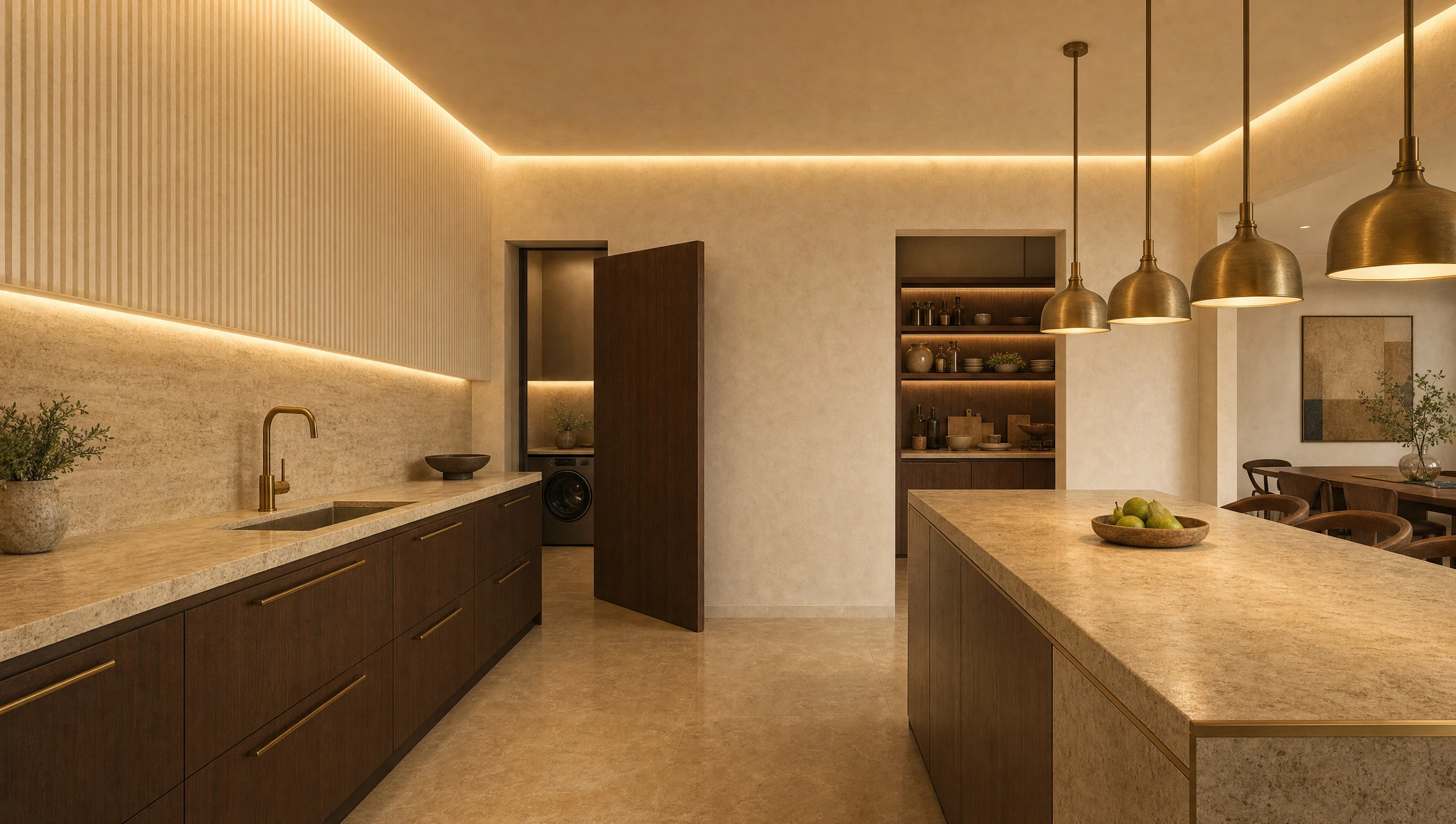 The kitchen seen from the island, a run of cabinetry along one wall and a pantry opening ahead