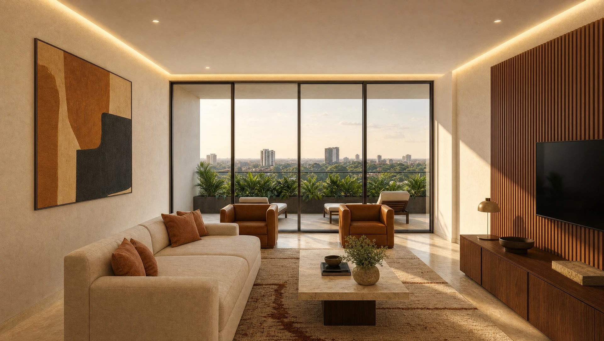 The main lounge looking out to the terrace, one sliding panel standing open