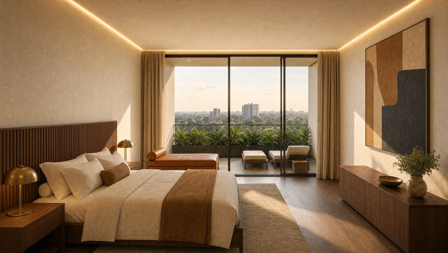 The master bedroom seen down the length of the room, a slatted headboard to one side and sliding doors to the terrace at the end