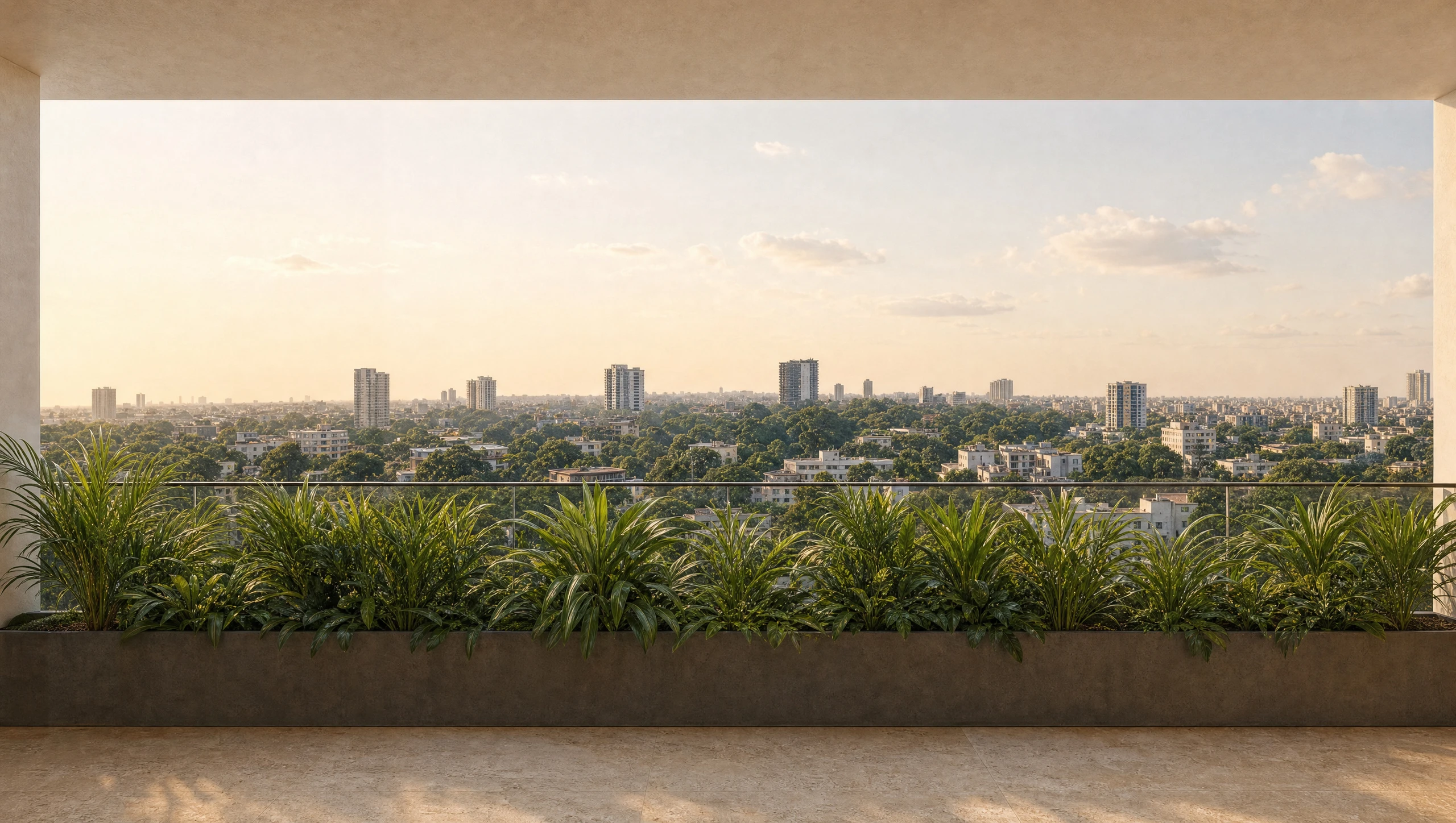 The view from the terrace balustrade over the tree canopy and rooftops of Ikoyi at dusk