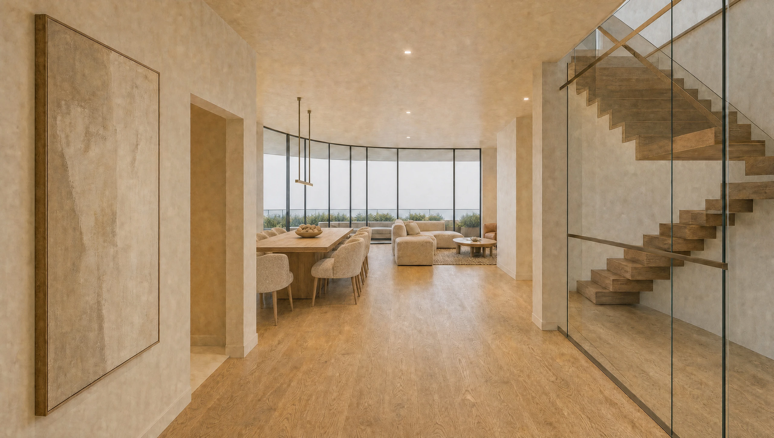 The gallery looking through to the dining table and the curved glass, the stair rising on the right