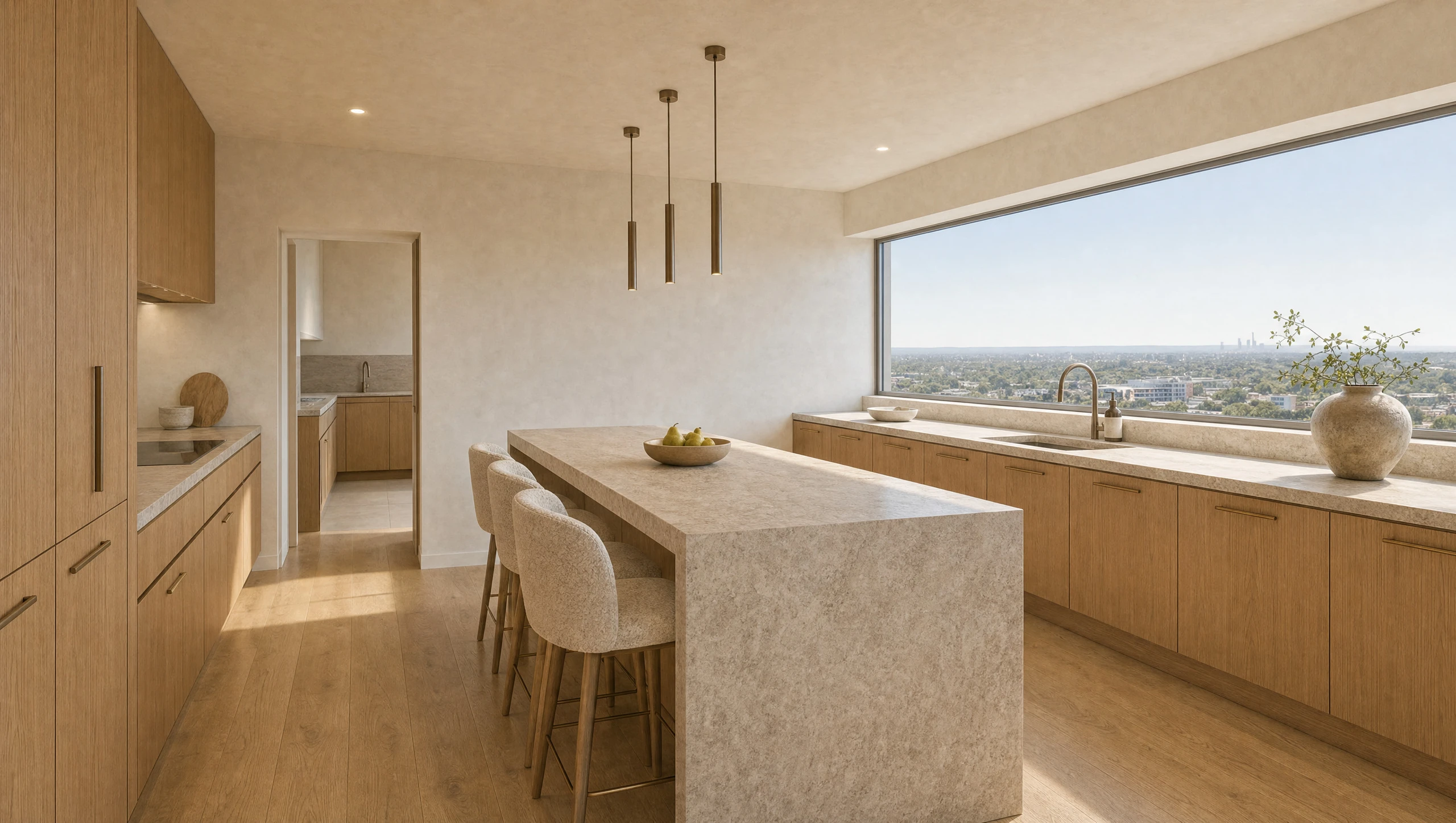 The kitchen, an island and stools set below a long window