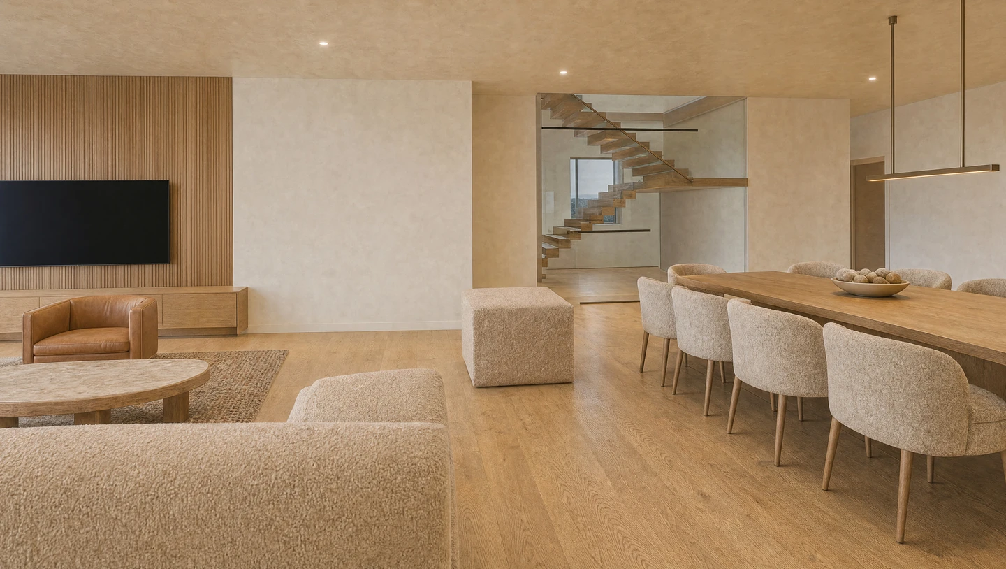 The lower floor seen from the glass, with lounge, stair and dining held in one room