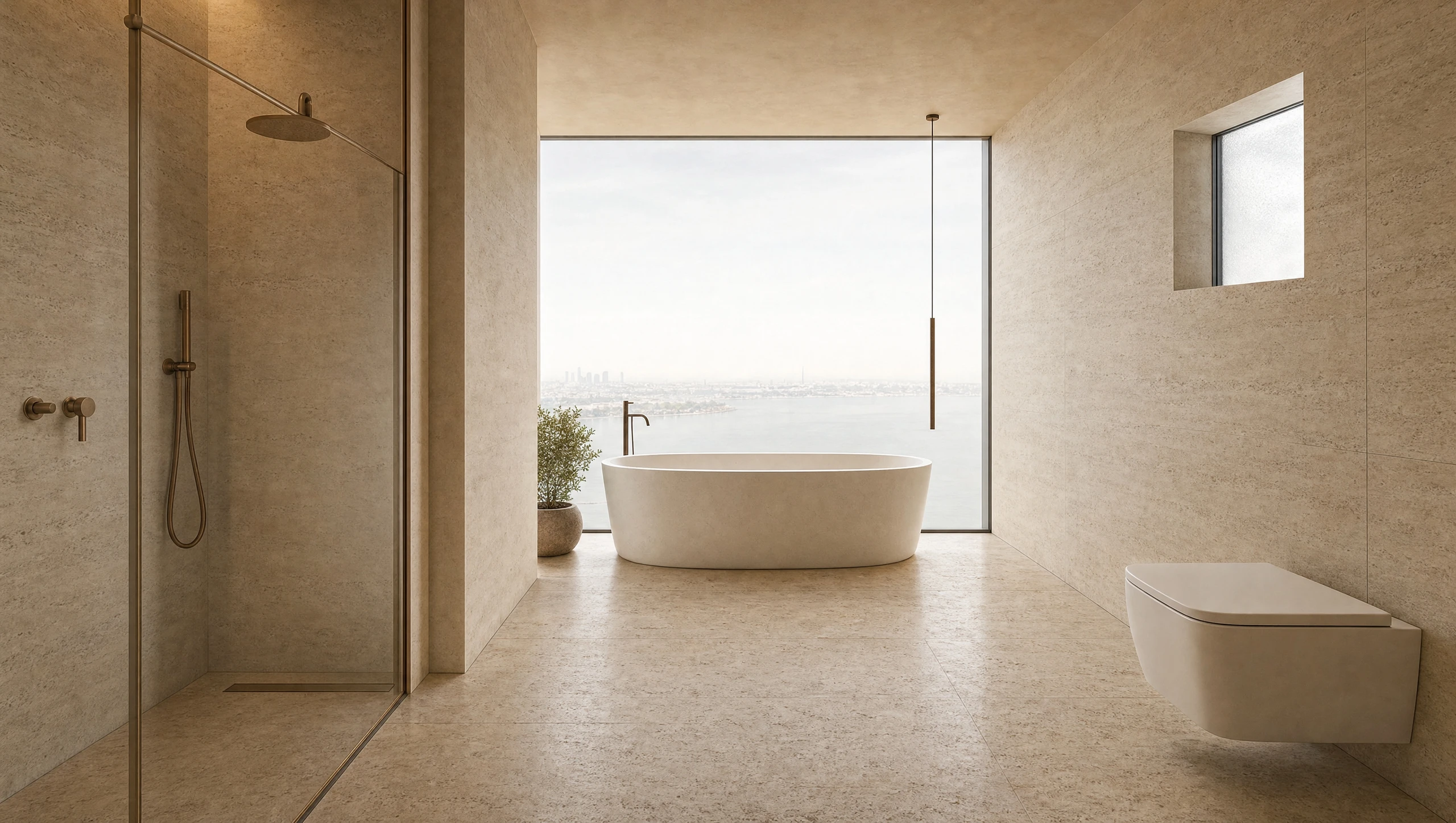 The master bathroom, a freestanding bath set against a full-height glazed wall