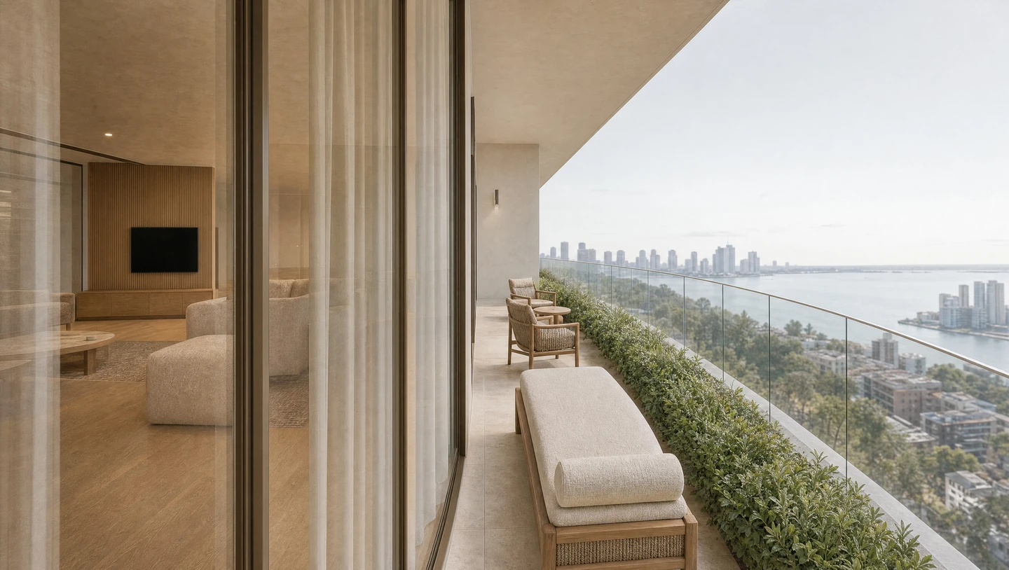 The covered terrace running the length of the glass, planting set along a glass balustrade