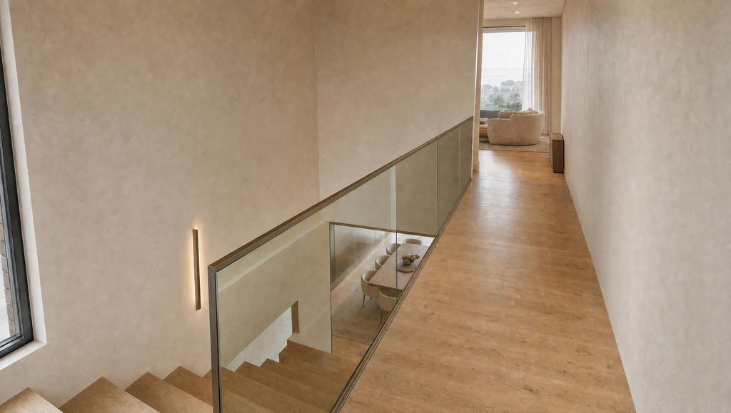 The upper landing looking back down the flight, a glass balustrade running along the void
