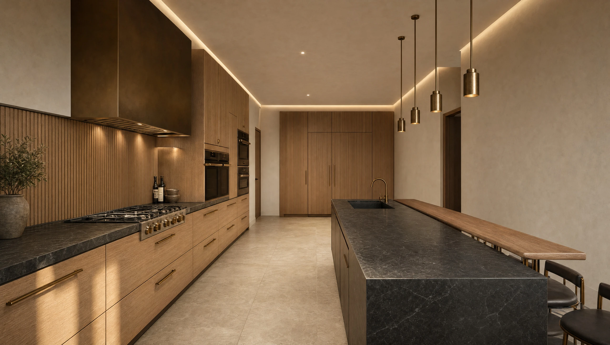 The enclosed kitchen looking along its length, a long island to one side