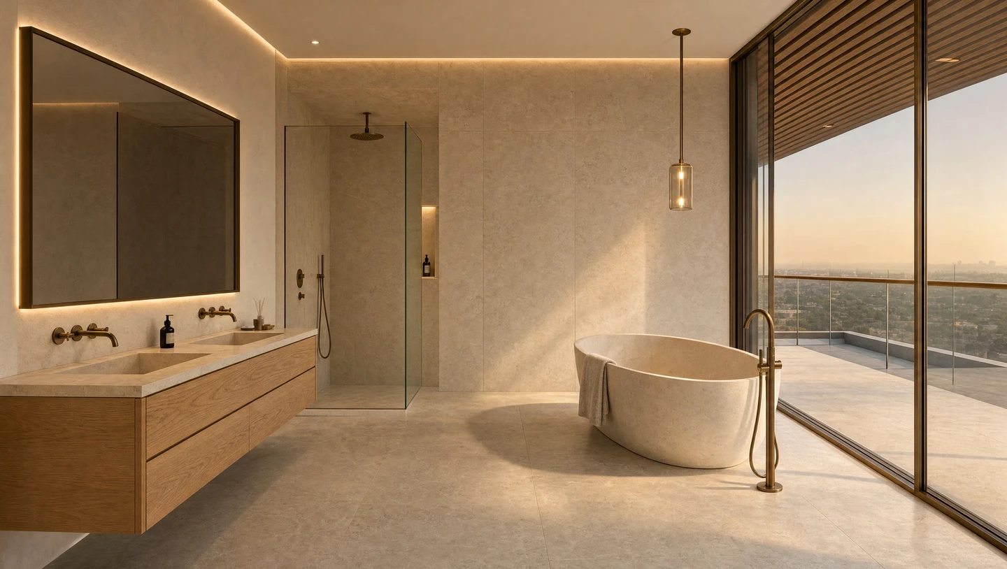 The master bathroom, a double vanity and mirror to one side and a freestanding bath beside the terrace glass