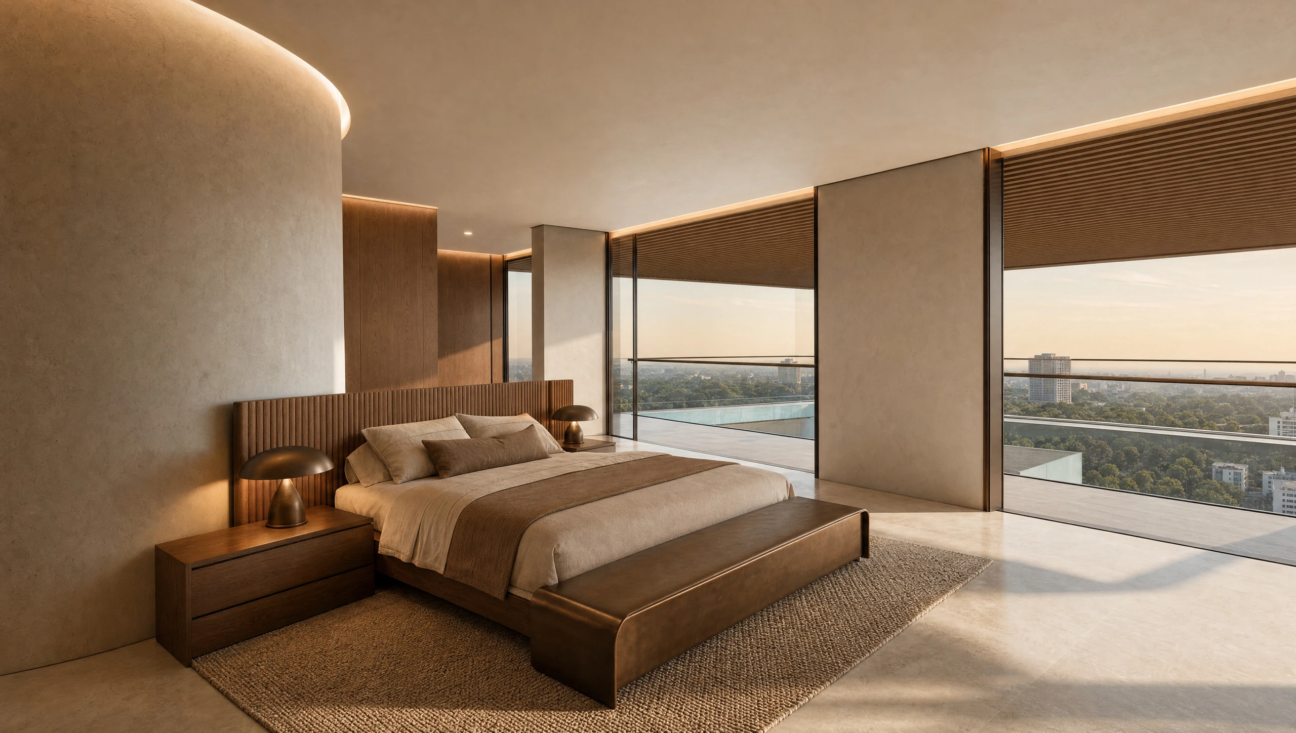 The master bedroom, the curved stair wall shaping one side and the terrace glazing opposite