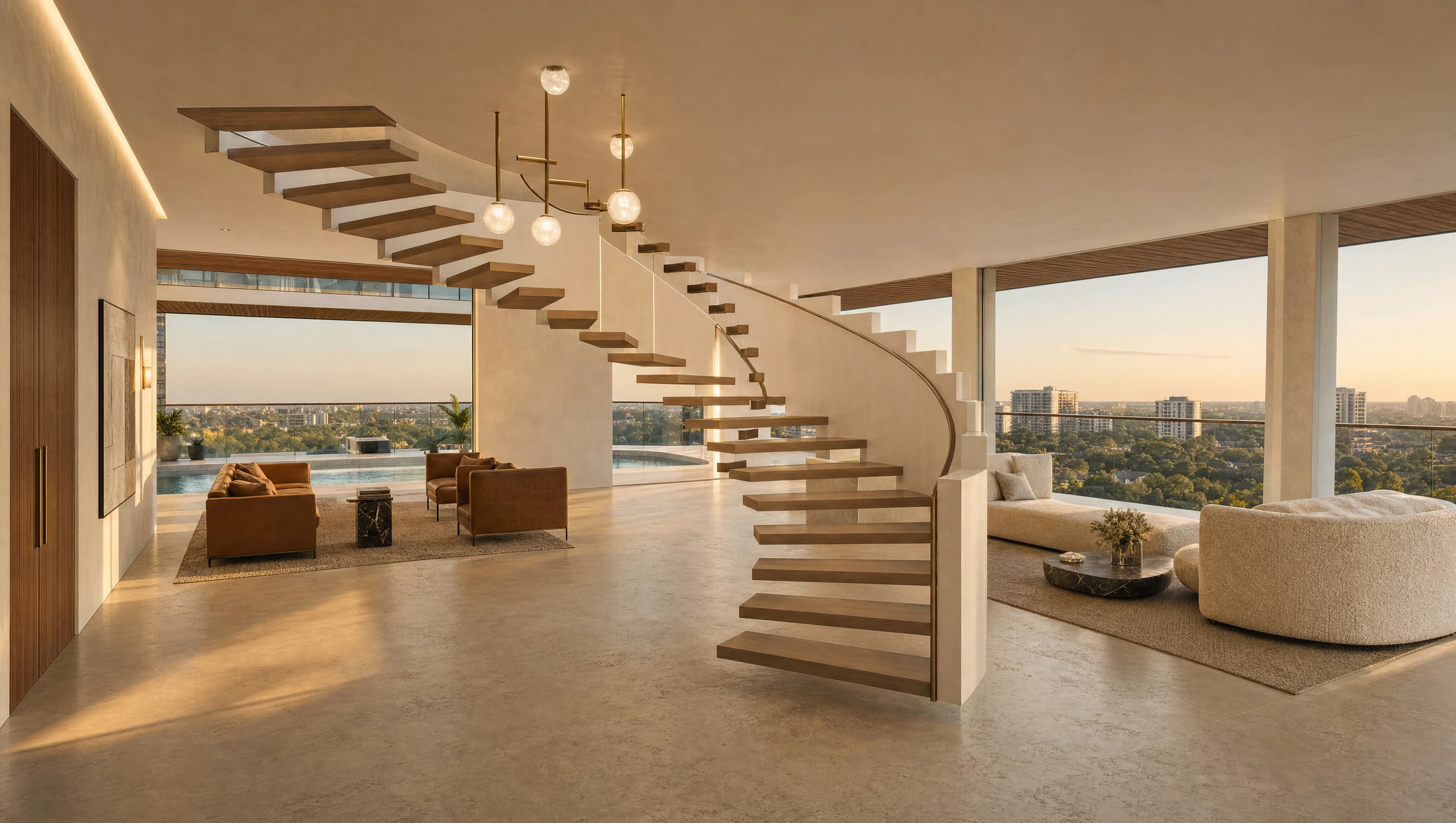 The main lounge, a helical stair rising near its centre and the pool terrace beyond the glazed screen