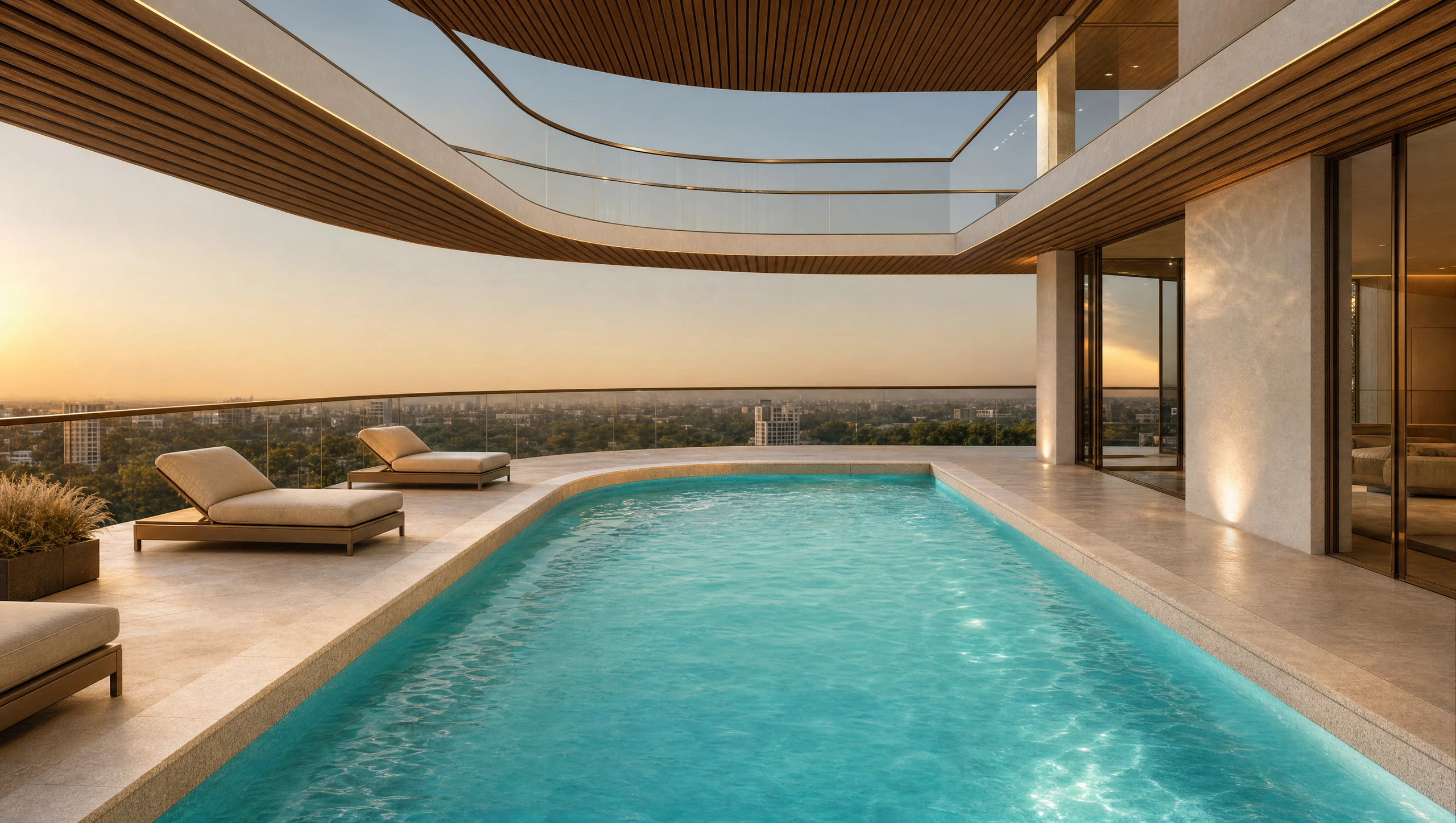 The pool terrace, the water running the length of a double-height volume with a gallery level above and a slatted roof soffit closing the top
