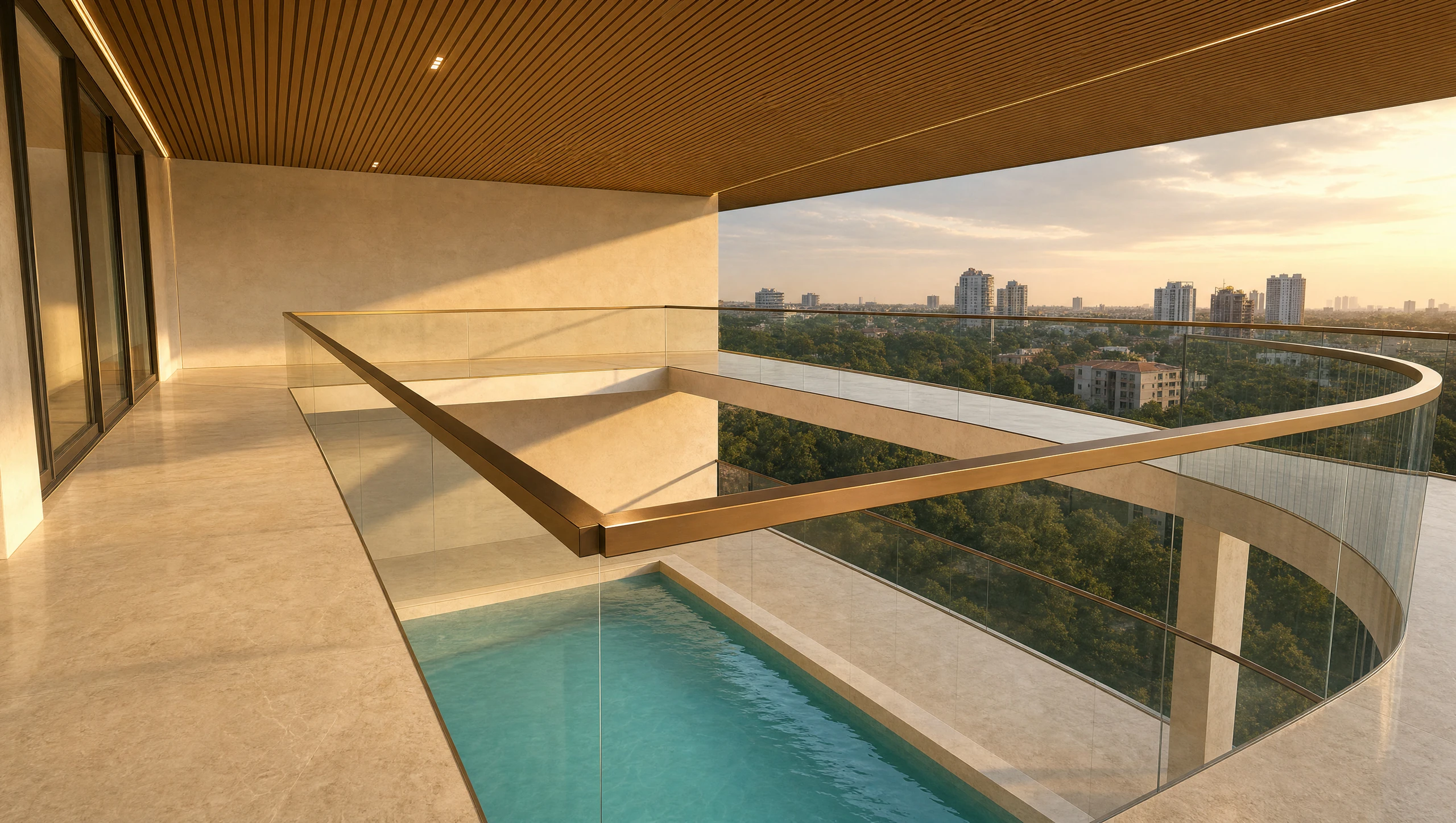 The gallery level wrapping the pool void, its deck left clear and the roof soffit closing overhead